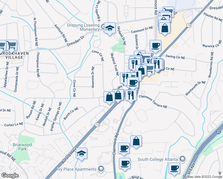 map of restaurants, bars, coffee shops, grocery stores, and more near 2434 Skyland Trail Northeast in Atlanta