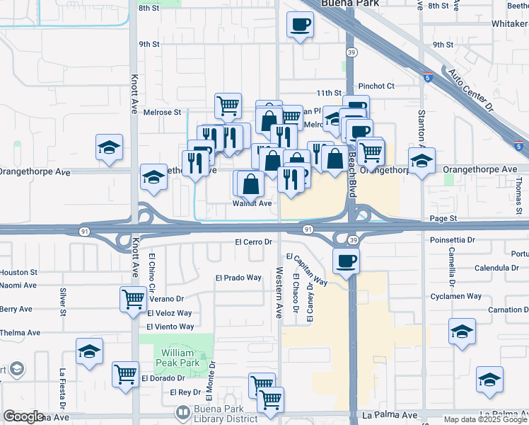 map of restaurants, bars, coffee shops, grocery stores, and more near 7422 Walnut Avenue in Buena Park
