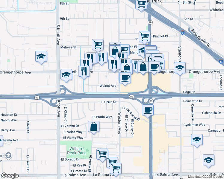 map of restaurants, bars, coffee shops, grocery stores, and more near 7422 Walnut Avenue in Buena Park