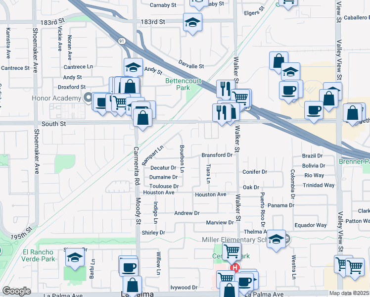 map of restaurants, bars, coffee shops, grocery stores, and more near 7272 Bourbon Lane in La Palma