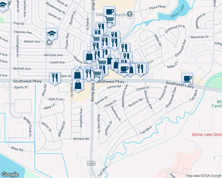 map of restaurants, bars, coffee shops, grocery stores, and more near 2708 Darwin Drive in Wichita Falls