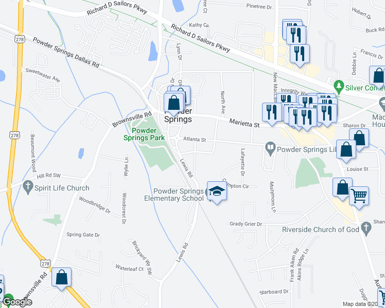 map of restaurants, bars, coffee shops, grocery stores, and more near 4010 Anderson Street in Powder Springs