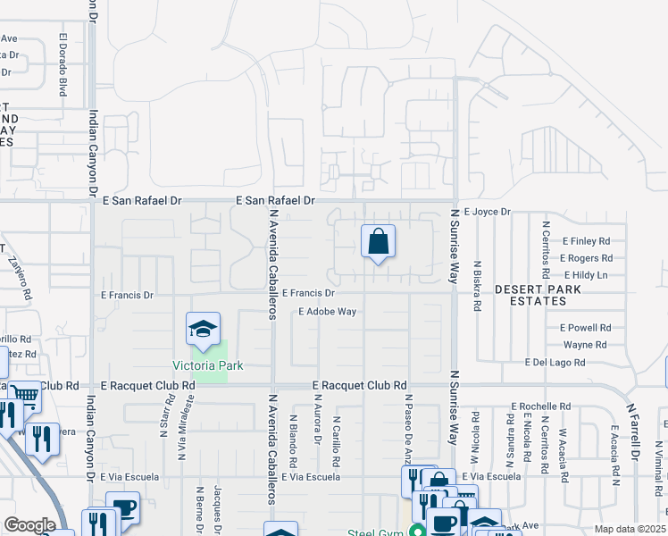 map of restaurants, bars, coffee shops, grocery stores, and more near 3060 Sunflower Circle in Palm Springs