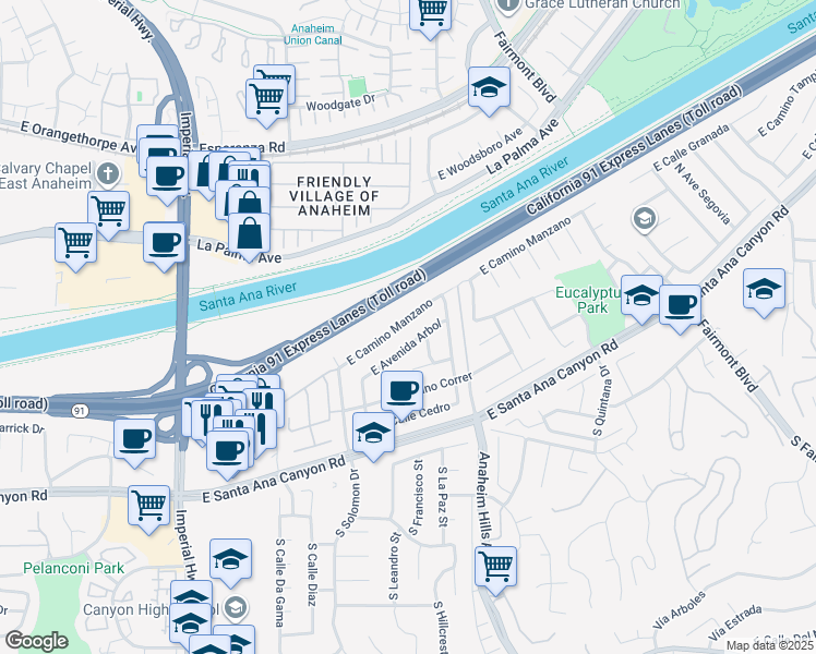 map of restaurants, bars, coffee shops, grocery stores, and more near 6010 East Camino Manzano in Anaheim