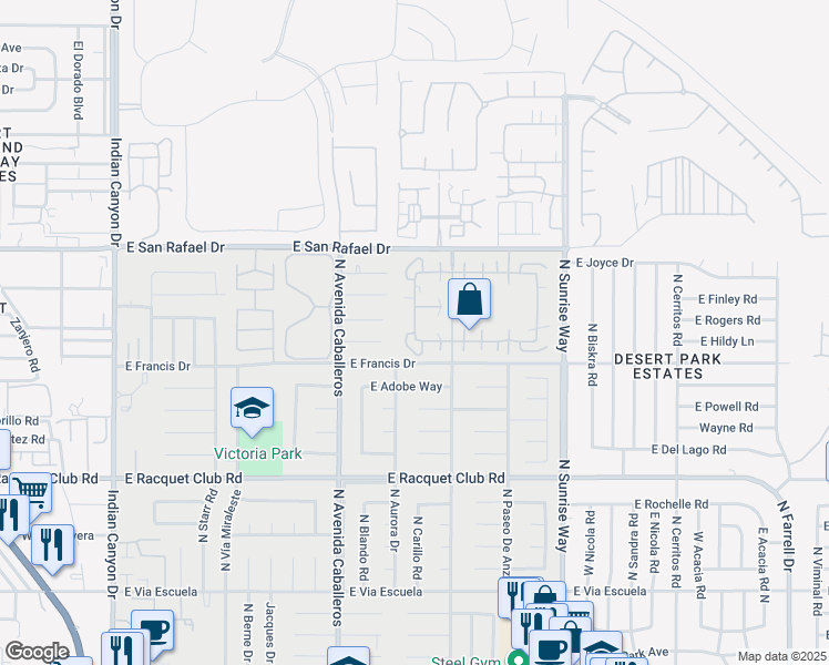 map of restaurants, bars, coffee shops, grocery stores, and more near 1524 Sunflower Circle in Palm Springs