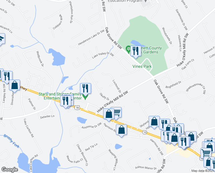 map of restaurants, bars, coffee shops, grocery stores, and more near 333 Lochmill Court in Loganville