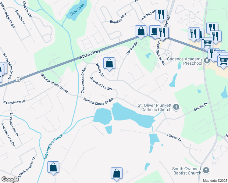 map of restaurants, bars, coffee shops, grocery stores, and more near 2979 Overwood Lane Southwest in Snellville
