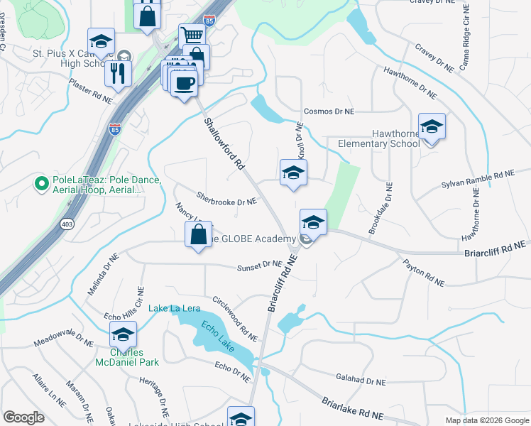 map of restaurants, bars, coffee shops, grocery stores, and more near 2370 Shallowford Road in Atlanta
