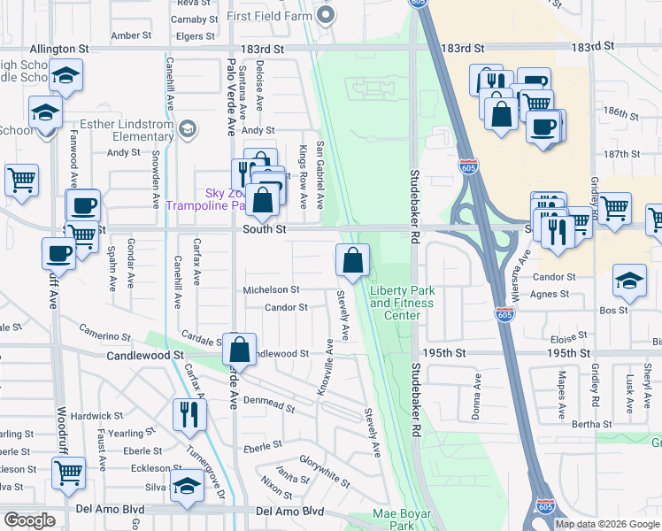 map of restaurants, bars, coffee shops, grocery stores, and more near 5519 Stevely Avenue in Lakewood