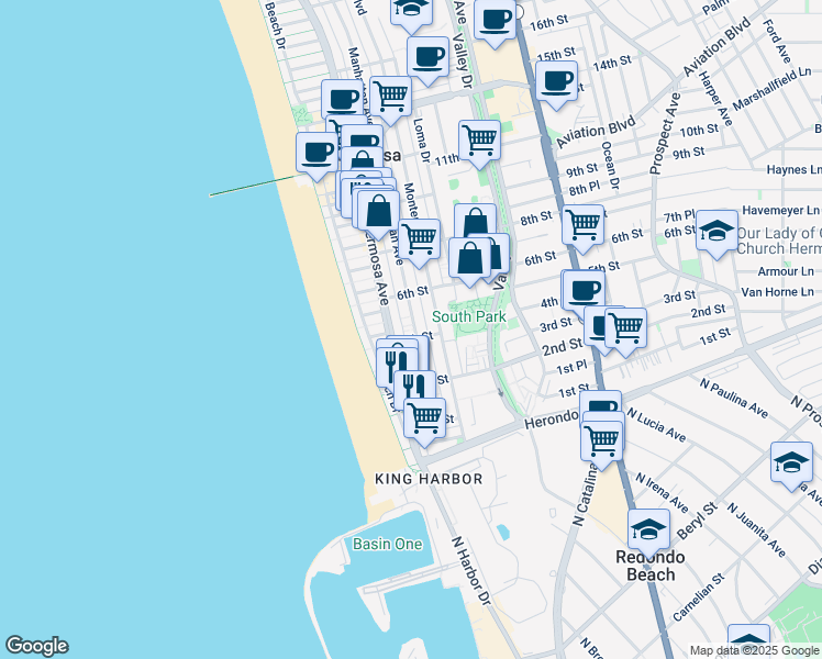 map of restaurants, bars, coffee shops, grocery stores, and more near 427 Manhattan Avenue in Hermosa Beach