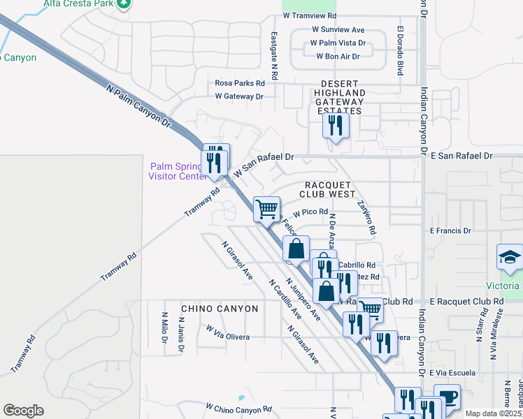 map of restaurants, bars, coffee shops, grocery stores, and more near 2825 North Los Felices Road in Palm Springs