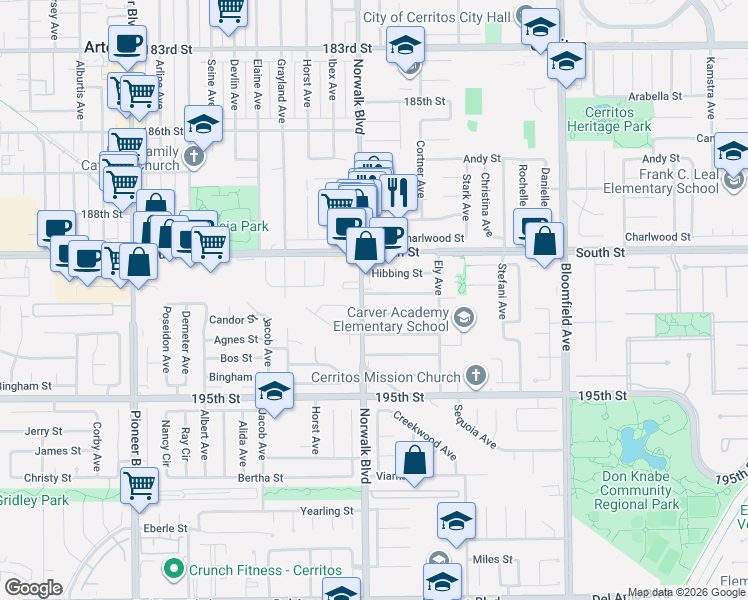 map of restaurants, bars, coffee shops, grocery stores, and more near 19106 Fagan Court in Cerritos