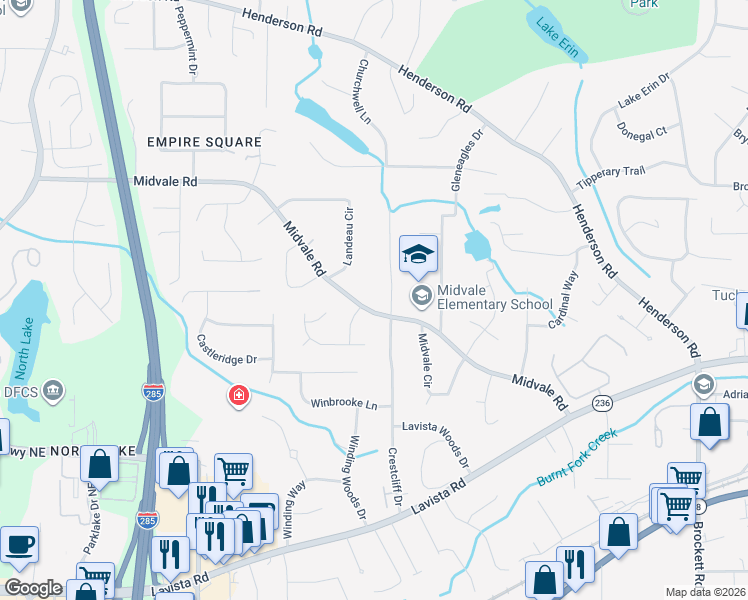 map of restaurants, bars, coffee shops, grocery stores, and more near 3780 Midvale Road in Tucker