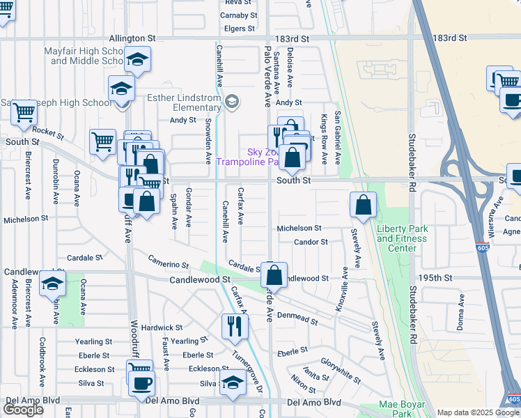 map of restaurants, bars, coffee shops, grocery stores, and more near 6333 Bigelow Street in Lakewood