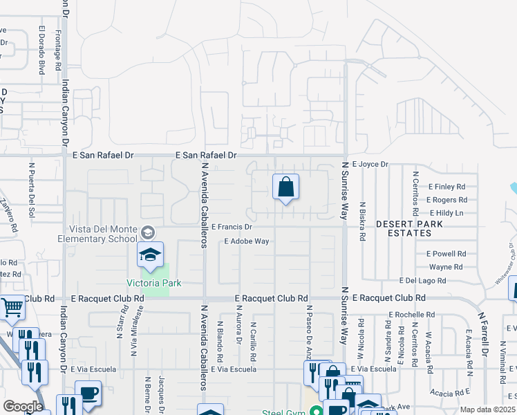map of restaurants, bars, coffee shops, grocery stores, and more near 2880 Sunflower Circle West in Palm Springs
