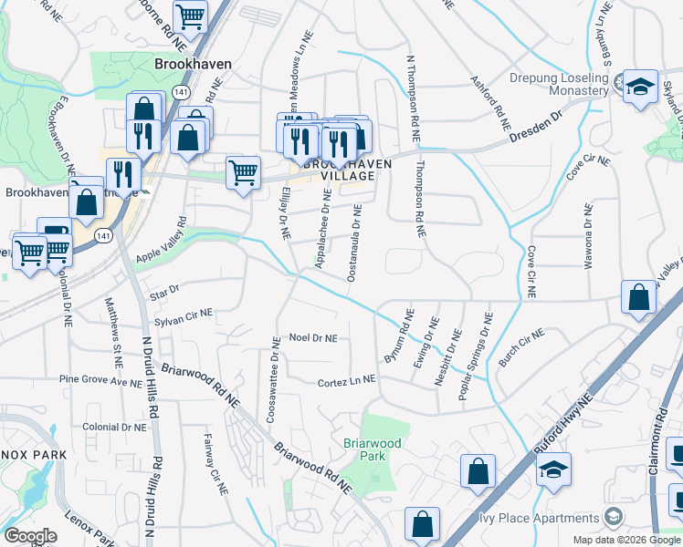 map of restaurants, bars, coffee shops, grocery stores, and more near 1444 Cartecay Drive Northeast in Atlanta