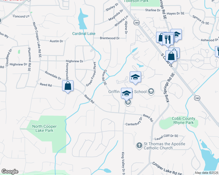 map of restaurants, bars, coffee shops, grocery stores, and more near 3961 Gann Road Southeast in Smyrna