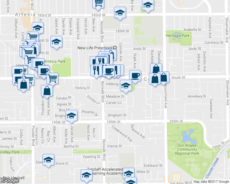 map of restaurants, bars, coffee shops, grocery stores, and more near 12246 Cambrian Court in Artesia