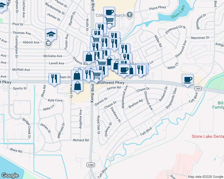 map of restaurants, bars, coffee shops, grocery stores, and more near 2711 Devon Road in Wichita Falls