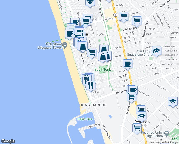map of restaurants, bars, coffee shops, grocery stores, and more near 427 Manhattan Avenue in Hermosa Beach