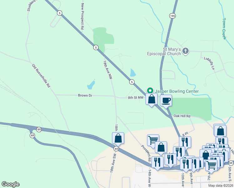 map of restaurants, bars, coffee shops, grocery stores, and more near 1710 8th Street Northwest in Jasper