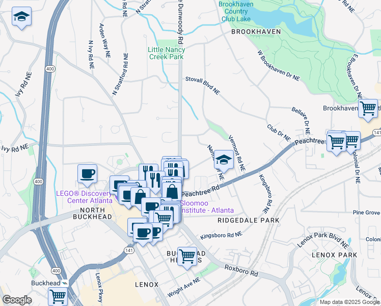 map of restaurants, bars, coffee shops, grocery stores, and more near 3735 Peachtree Dunwoody Road in Atlanta