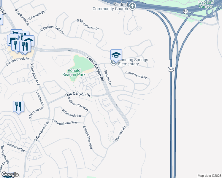 map of restaurants, bars, coffee shops, grocery stores, and more near 1033 South Sedona Lane in Anaheim