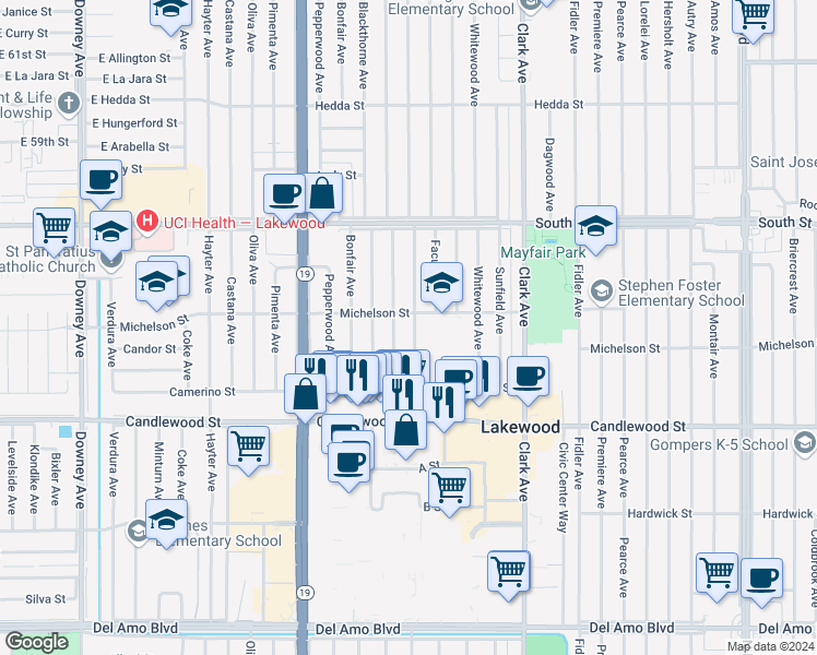 map of restaurants, bars, coffee shops, grocery stores, and more near 5529 Graywood Avenue in Lakewood