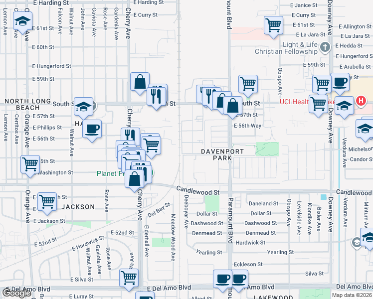 map of restaurants, bars, coffee shops, grocery stores, and more near 5505 Ackerfield Avenue in Long Beach