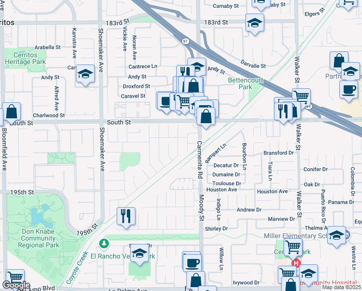 map of restaurants, bars, coffee shops, grocery stores, and more near 19118 Martha Avenue in Cerritos