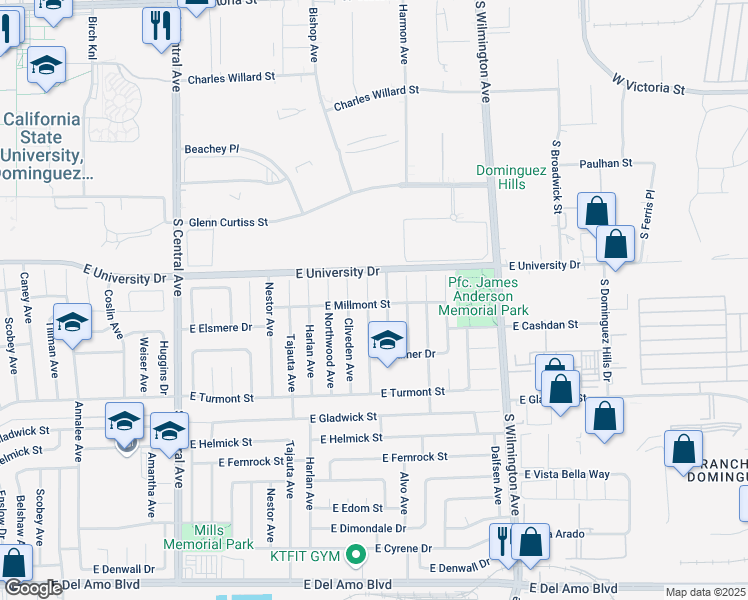 map of restaurants, bars, coffee shops, grocery stores, and more near 19203 Broadacres Avenue in Carson