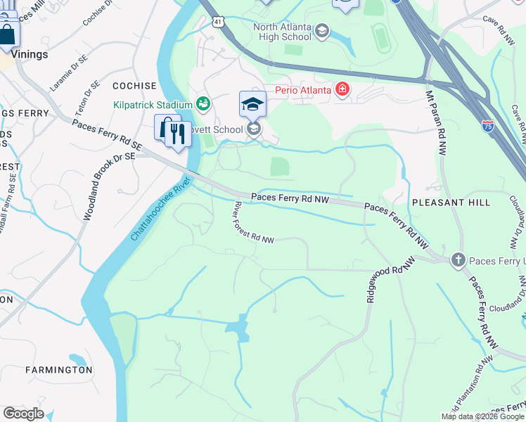 map of restaurants, bars, coffee shops, grocery stores, and more near 4014 Paces Ferry Road Northwest in Atlanta