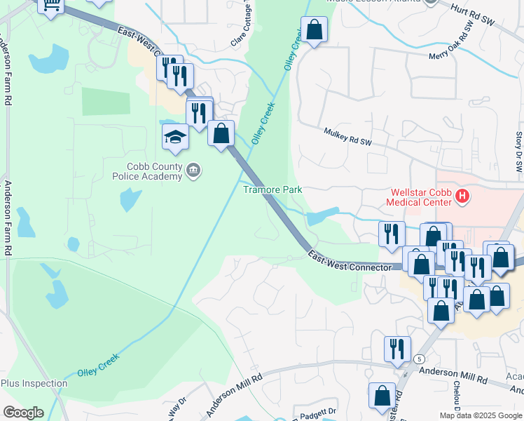 map of restaurants, bars, coffee shops, grocery stores, and more near 2145 East-West Connector in Austell