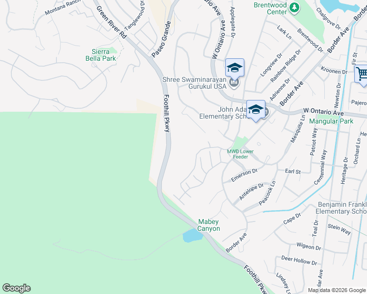 map of restaurants, bars, coffee shops, grocery stores, and more near 2580 Avenida Del Vista in Corona