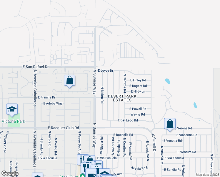 map of restaurants, bars, coffee shops, grocery stores, and more near 2930 North Bahada Road in Palm Springs