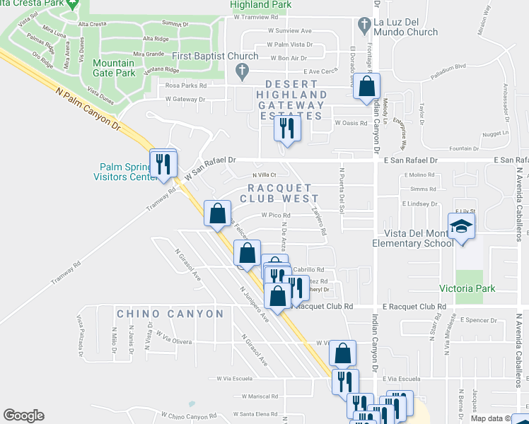 map of restaurants, bars, coffee shops, grocery stores, and more near 525 West Pico Road in Palm Springs