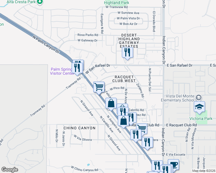 map of restaurants, bars, coffee shops, grocery stores, and more near in Palm Springs