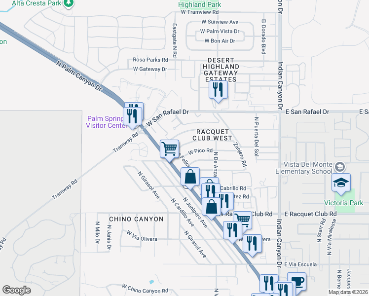 map of restaurants, bars, coffee shops, grocery stores, and more near in Palm Springs