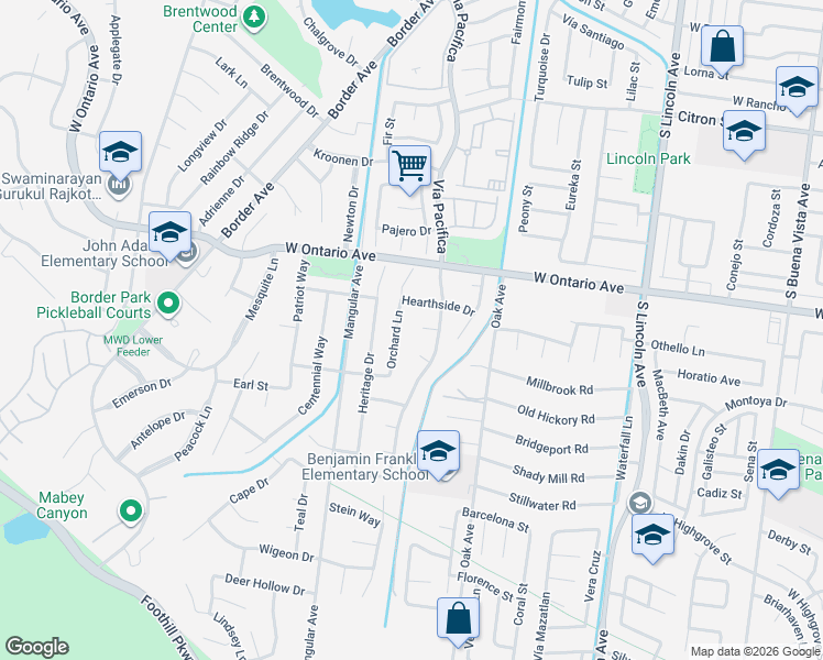 map of restaurants, bars, coffee shops, grocery stores, and more near 2361 Orchard Lane in Corona