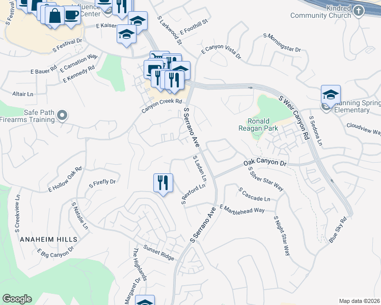 map of restaurants, bars, coffee shops, grocery stores, and more near 958 South Ladan Lane in Anaheim
