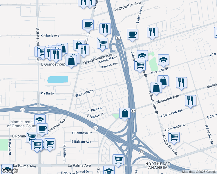 map of restaurants, bars, coffee shops, grocery stores, and more near 700 West La Jolla Street in Placentia