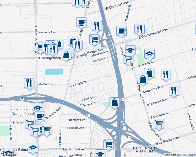 map of restaurants, bars, coffee shops, grocery stores, and more near 700 West La Jolla Street in Placentia