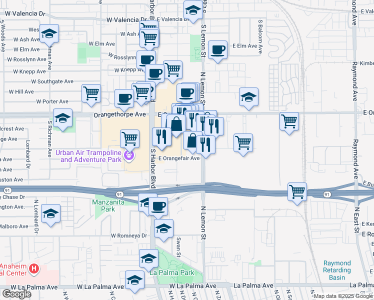 map of restaurants, bars, coffee shops, grocery stores, and more near 51 Orangefair Avenue in Fullerton
