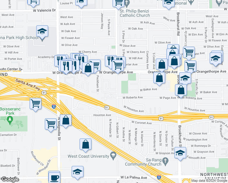 map of restaurants, bars, coffee shops, grocery stores, and more near 2335 West Roberta Avenue in Fullerton