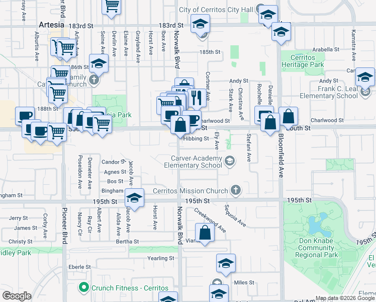 map of restaurants, bars, coffee shops, grocery stores, and more near 12235 192nd Street in Artesia