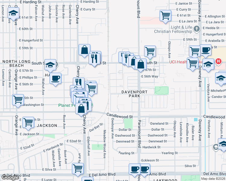 map of restaurants, bars, coffee shops, grocery stores, and more near 5505 Ackerfield Avenue in Long Beach