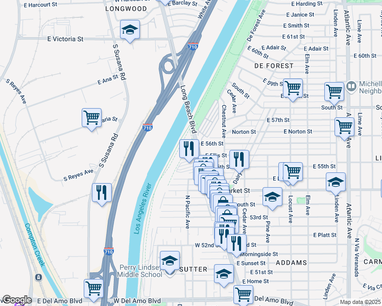 map of restaurants, bars, coffee shops, grocery stores, and more near 5533 Long Beach Boulevard in Long Beach