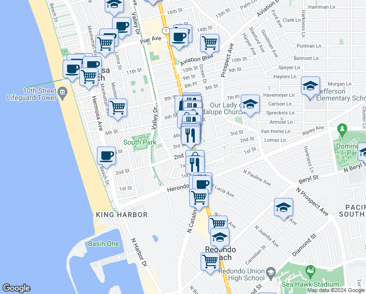 map of restaurants, bars, coffee shops, grocery stores, and more near 655 2nd Street in Hermosa Beach