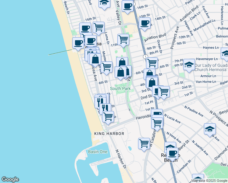 map of restaurants, bars, coffee shops, grocery stores, and more near 402 Monterey Boulevard in Hermosa Beach
