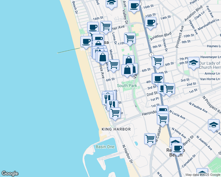 map of restaurants, bars, coffee shops, grocery stores, and more near 109 4th Street in Hermosa Beach